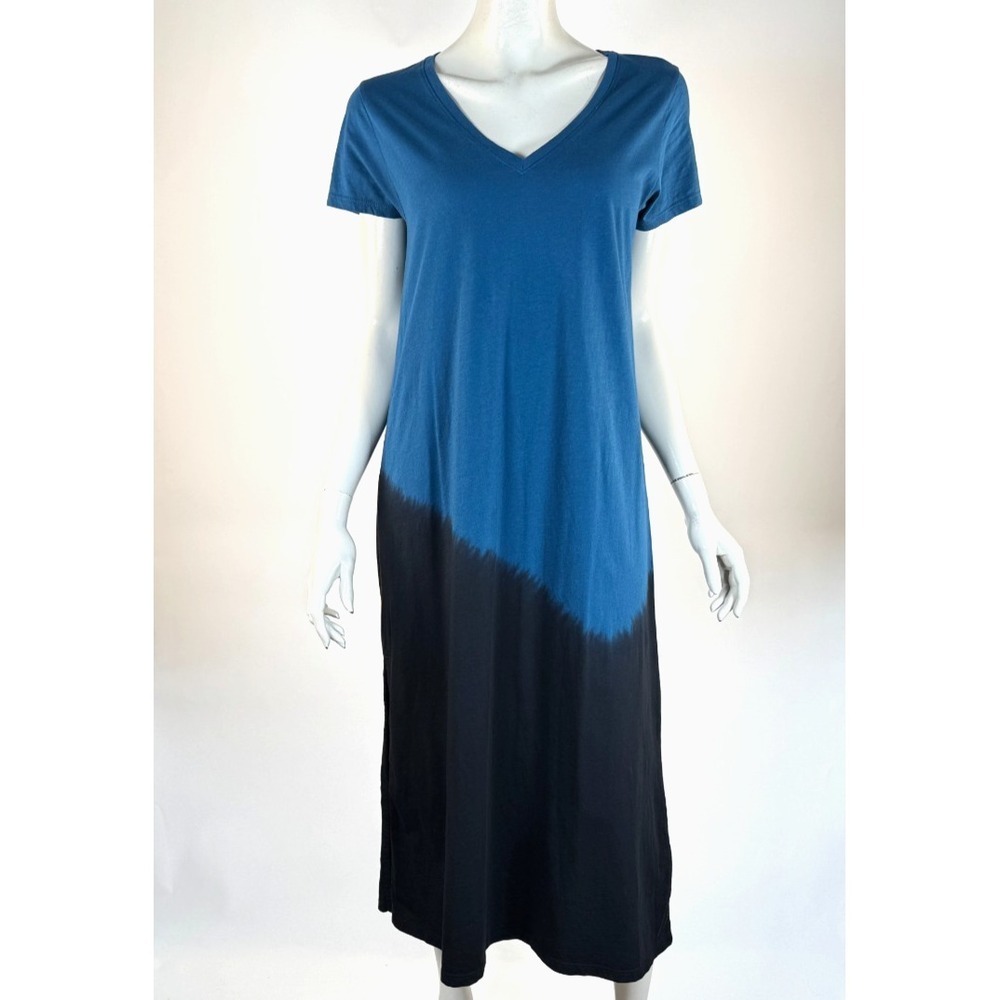 ATM Dip Dye T-Shirt V-Neck Dress Women M EUC Short Sleeve Stretch Jersey Blue‎